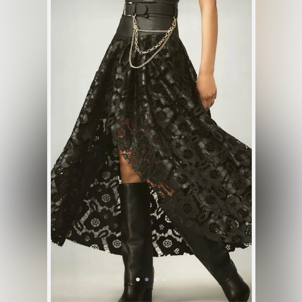 Anthropologie Faux Leather Cutwork High Low Maxi Skirt Tulle Ruffle Lined Black